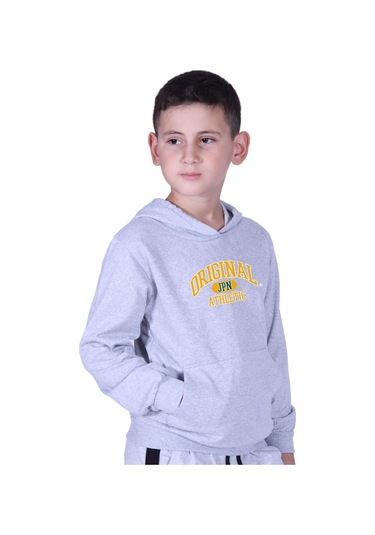 Kapüşonlu Kanguru Cepli Orıgınal Baskılı Erkek Çocuk Sweatshirt Gri