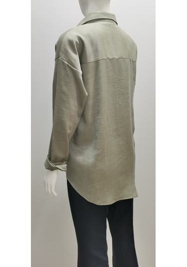 Kadın Uzun Kollu Salaş Parlak Simli Pamuk Gömlek Mint Yeşili