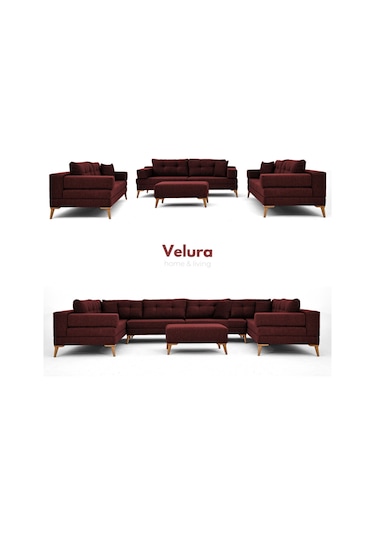 Zeri 3+3+3 Yataklı Puzzle Modüler U Köşe Koltuk Takımı & Puflu Köşe Takımı - Bordo 173 Bordo