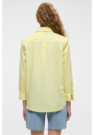 DELFINO Kadın Oversize %100 Organik Pamuk Uzun Kollu İnce Uzun Sarı Gömlek