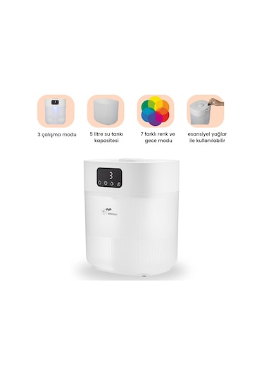 Bebebao Pufi 5lt Ultrasonik 7 Renkli Buhar Makinesi Hava Oda Ortam Nemlendirici Dokunmatik Panel Aromatik Yağ Hazneli