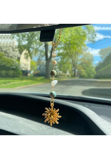 Yifomall Araç Geribakış Aynası Süsü: Yeşil Altın İki Renkli Bohem Gelişimli Elden Yapımı Kristal Takı