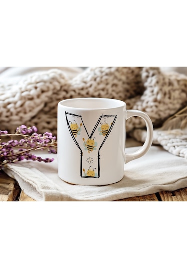 Y Harfi Arı Desenli Kupa - Sevimli Hayvan Temalı Kişiye Özel Kahve Kupası - Şans Kupası Beyaz