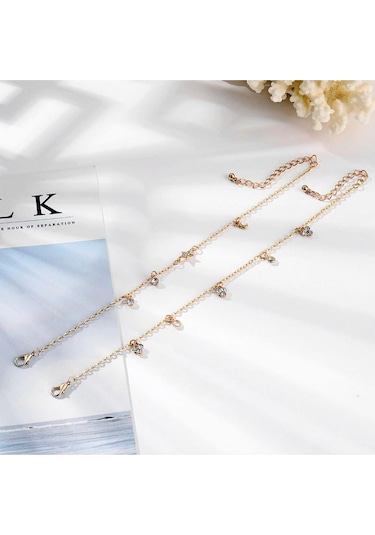 Brezza Lusso Jewelry Yıldızlı Kristal Taşlı Çift Bayan Ayak Halhal Pembe