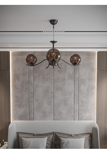 Merla 3'lü Siyah Kasa Bal Rengi Camlı Avize