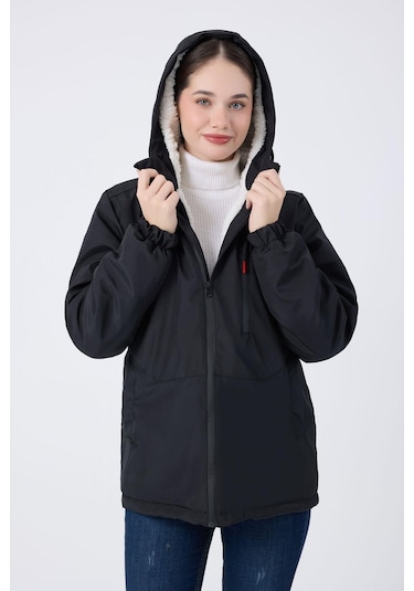 Kadın Kürklü Su Ve Rüzgar Geçirmez Kapüşonlu Kışlık Mont & Kaban & Parka Siyah