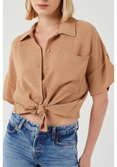 3960 Kadın Robalı Cepli Gömlek Vizon Vizon