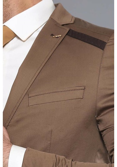 Çift Düğmeli Mono Yaka Omuz Detay Taba Ceket - Wessi Taba