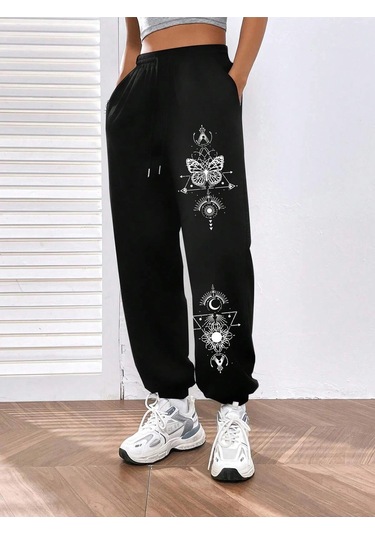 Butterfly Print Elastic Waist 4 Mevsim Eşofman Siyah