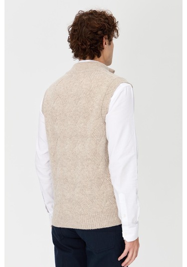 Erkek Dik Yaka Baklava Desenli Yün Yelek V.bej V.bej