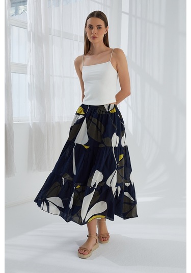 Modaplaza Kadın Fırfırlı Uzun Etek- Çok Renkli K20YGLSFIRETKLACİ HAKİ Haki - Lacivert
