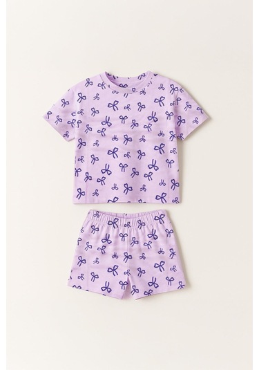 Kız Çocuk %100 Pamuk Kurdela Desenli Şortlu Takım 3-4 Yaş 8-9 Yaş Mor