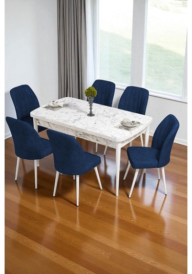 Bara Siyah Mermer 80x132 Açılabilir Sunta Masa Yemek Odası Takımı, Mutfak Takımı 6 Adet Sandalye Lacivert
