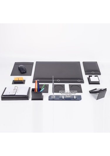 Siyah 10 Parça Düğmeli Sümen Takımı –  Kalemli Kristal Masa İsimlik