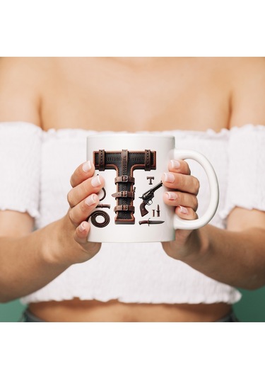 T Harfi Kovboy Temalı Bardak 330 Ml İsim / Harf Kişiye Özel Hediye - Vahşi Batı Konsept Beyaz