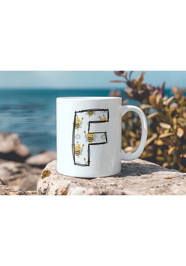F Harfi Arı Desenli Kupa - Sevimli Hayvan Temalı Kişiye Özel Kahve Kupası - Şans Kupası Beyaz