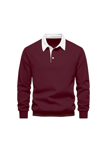 Ghassy Co. Erkek Retro Renk Bloklu Pamuklu Gömlek Yaka Sweatshirt Bordo