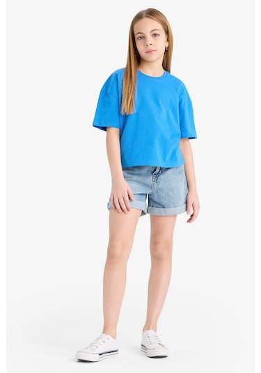 Defacto Kız Çocuk Relax Fit Bisiklet Yaka Basic Düz Kısa Kollu Tişört Z5095a625smbe124 Mavi