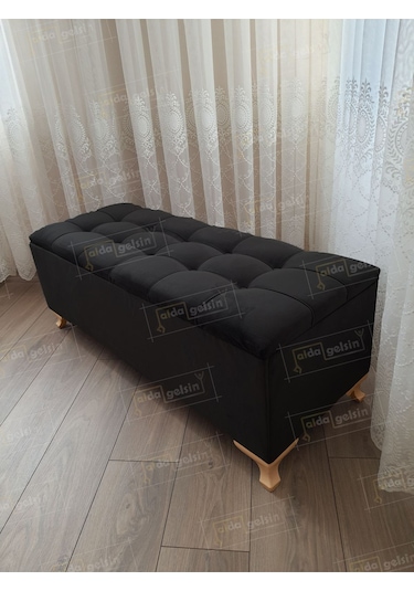 Lüks Çizgi Kapitoneli Sandıklı Puf Bench 120 Cm Gold Ayak Turkuaz