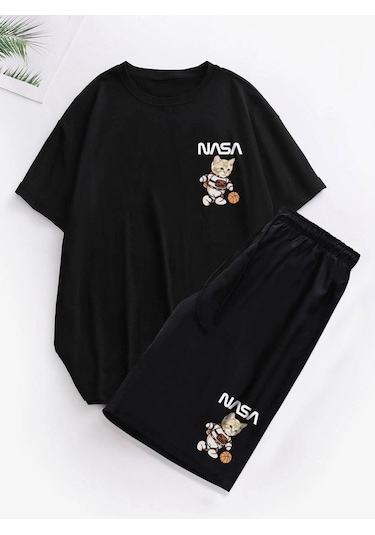 Siyah Nasa Kedi Baskılı Şort T-shirt Takım Siyah