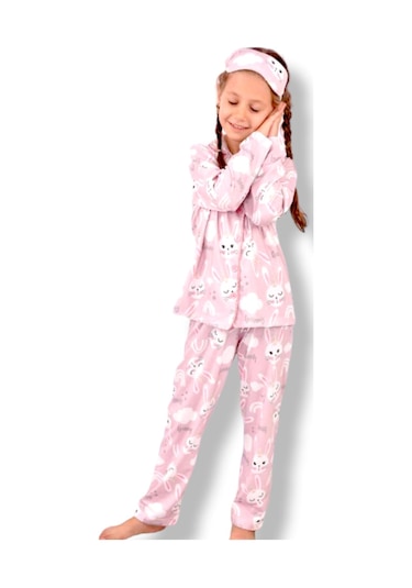 Kız Çocuk Soft Renk Desenli Pijama Takımı Yeni Sezon Son Moda Uyku - Göz Bandı Dahil Soft Pembe