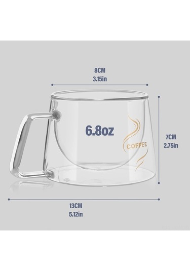 Createtech Çift Camlı Kalın Borosilikat İzolasyonlu Şeffaf Kahve Fincanı 2'li Set - 6.8 Oz Şeffaf