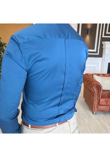 Italyan Stil Slim Fit Dik Yaka Saten Erkek Gömlek Lacivert T4752