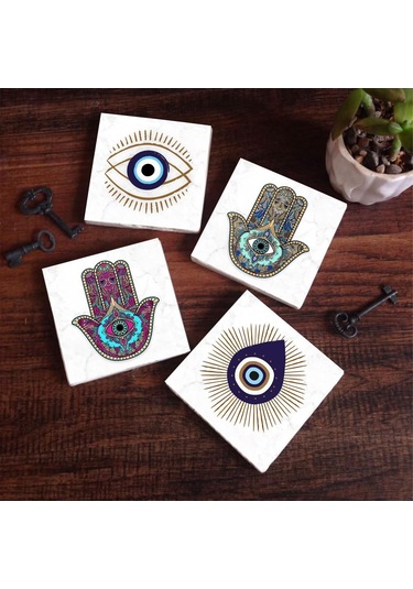 Nazar, Fatma Ana Eli Hamsa Taş Bardak Altlığı Seti - 4 Parça - Dekoratif, Rustik Mutfak Aksesuarı, 10x10 Cm, Kaydırmaz Tabanlı, Şık Ve Dayanıklı Sc402