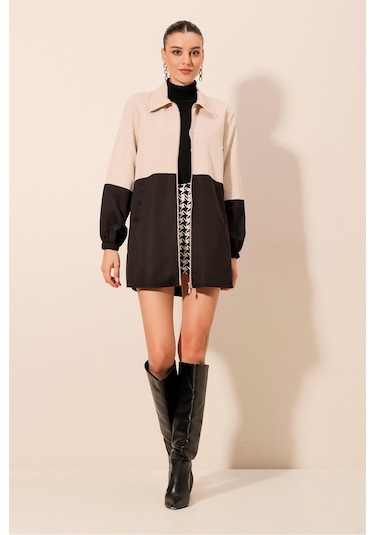 5909 Çift Renkli Mevsimlik Trençkot - Siyah Siyah