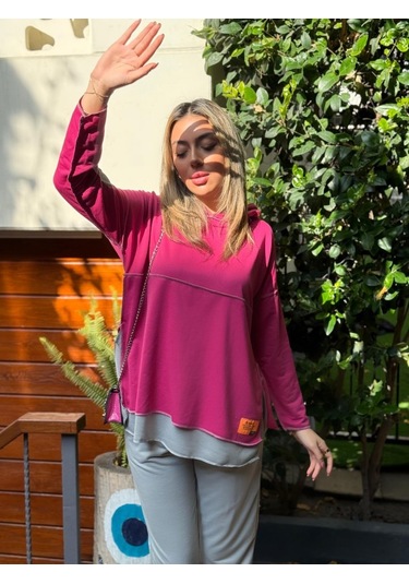 Ge Ticaret Kadın Pembe Kapşonlu Etek Ucu Detay Arma Ters Dikiş Gorunumlu Ikili Takım Pembe