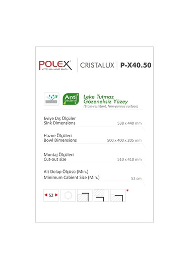 Polex Cristalüx Granit Evye P-X40 Antrasit Tezgah Altı Ve Tezgah Üstü Kare Mutfak Evyesi 53.8x44 CM
