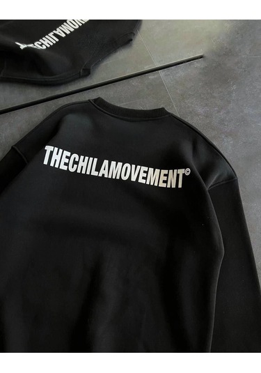 Kışlık Bisiklet Yaka Oversize Baskılı Sweatshirt - Siyah Siyah