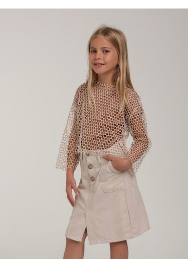 Kız Çocuk Tasarım File Bluz İç Bluz Hariçtir -15610 Bej