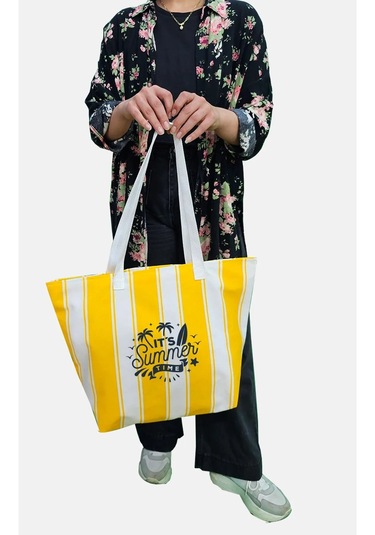 Summer Time Baskılı Ağzı Fermuarlı Kadın Plaj Çantası Çok Renkli