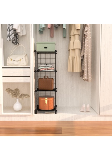 Dekoratif Tel Kafes Tasarımlı 3 Bölmeli Raf - Çok Amaçlı Tel Dolap Siyah