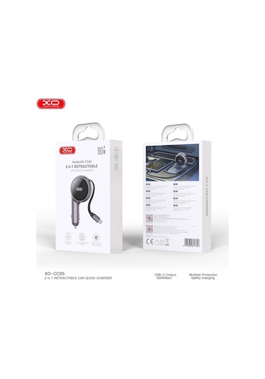 Xo Cc65 60w Makaralı Araç Şarjı - Dahili Type-c Kablolu Çift Çıkışlı Hızlı Şarj