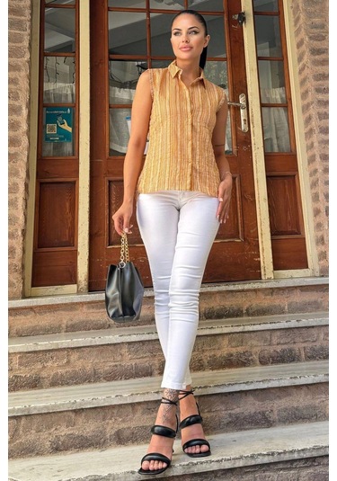 Kadın Hardal Çizgili Desen, Dokulu Bodrum Kumaş, Kolsuz Rahat Gömlek HARDAL