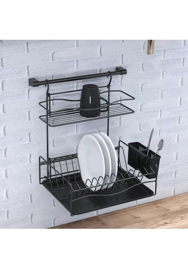 Geseus Home Borulu Askılı Bardaklık Tabaklık Bulaşıklık Mat Siyah