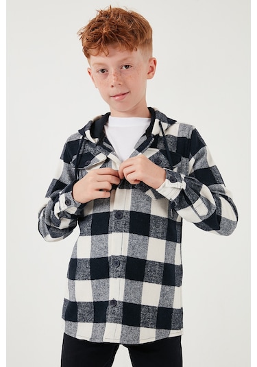 Lela Kapüşonlu Çift Cepli Ekoseli Oduncu Erkek Çocuk Gömlek Cf25W81787 Lacivert