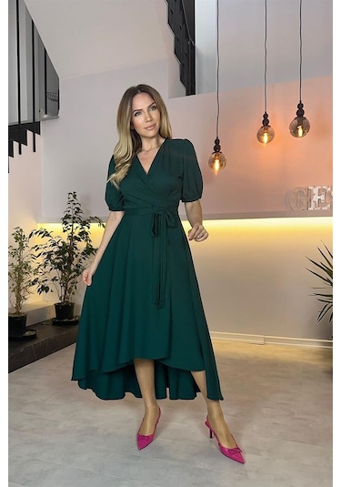 G0505 Kruvaze Yaka Kuşaklı Asimetrik Elbise Zümrüt-zümrüt Zümrüt Yeşili