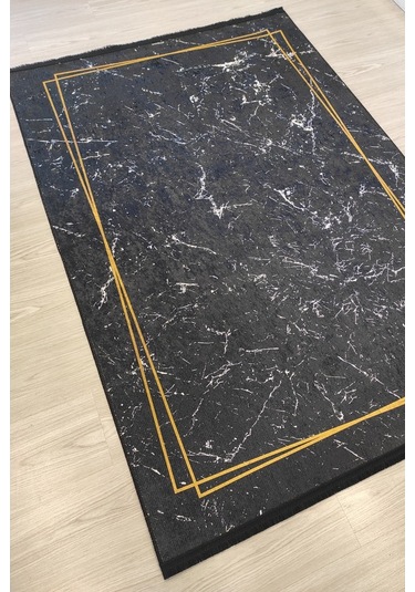 Siyah Gold Salon Halısı Mermer Desenli Siyah Mutfak Halısı