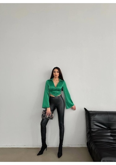Saten Crop Bluz - Yeşil Renkli