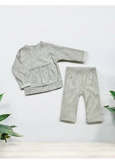 Çikoby Kız Bebek Kanguru Cep Detaylı Pantolonlu Takım-14895 Gri