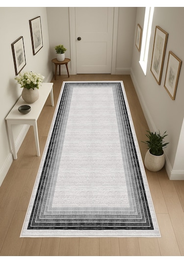 Siyah Gri Dijital Baskı Salon Halısı Kaymaz Tabanlı Yıkanabilir Halı Yolluk 529 Gri
