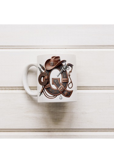 Q Harfi Kovboy Temalı Bardak 330 Ml İsim / Harf Kişiye Özel Hediye - Vahşi Batı Konsept Beyaz