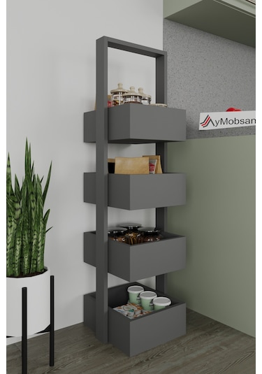 Multi 4 Katlı Mutfak Sepeti, Çok Amaçlı Mutfak Rafı, 4 Raflı, Antrasit, 120 Cm Antrasit