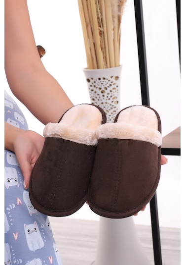 Wordex U050 Unisex Kışlık Ev İçi Terliği Kürklü Yünlü Terlik Kahverengi