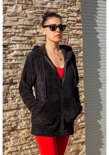 Kadın Siyah Peluş Kalın Fermuarlı Kapüşonlu Cepli Ceket 23kcktmy50 001