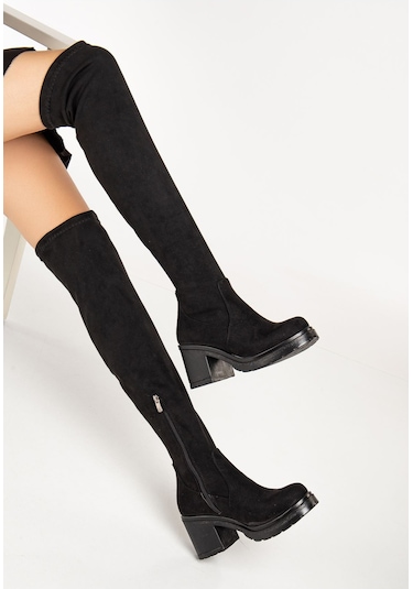 767-3010 Siyah Süet Streç Günlük Kalın Topuklu Kadın Çizme Diğer