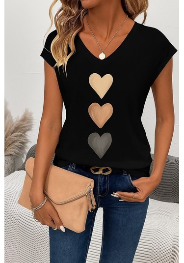 Kadın Kısa Kollu V Yakalı Kalp Desen Viskon Bluz Karışık